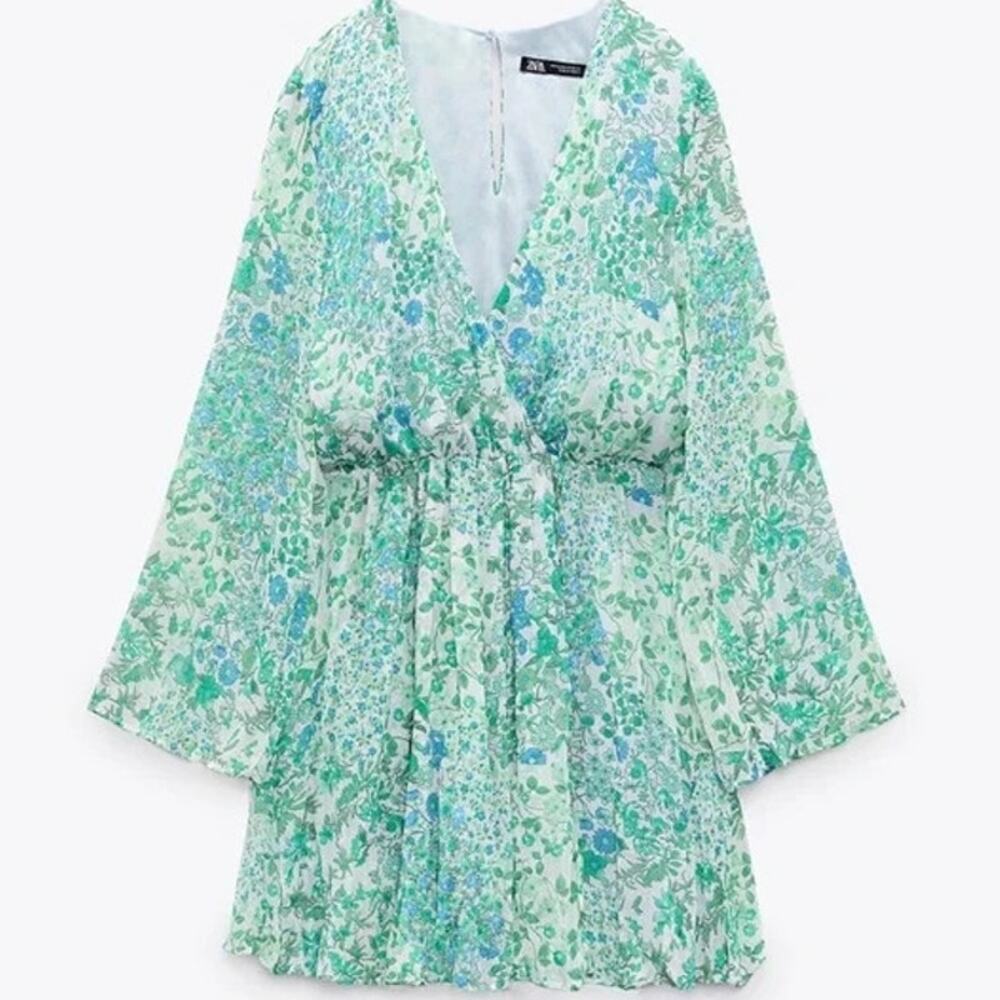 ZARA Short Floral Print Jumpsuit Romper Blue Green Size Small NWT New